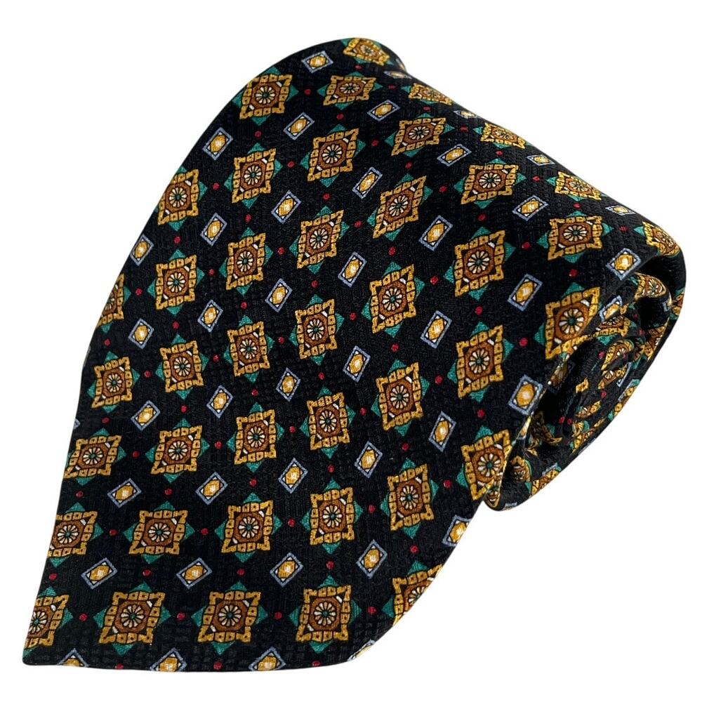 Meeting Street Black Gold Foulard Geometric Medallion Silk Necktie Italy 58x4